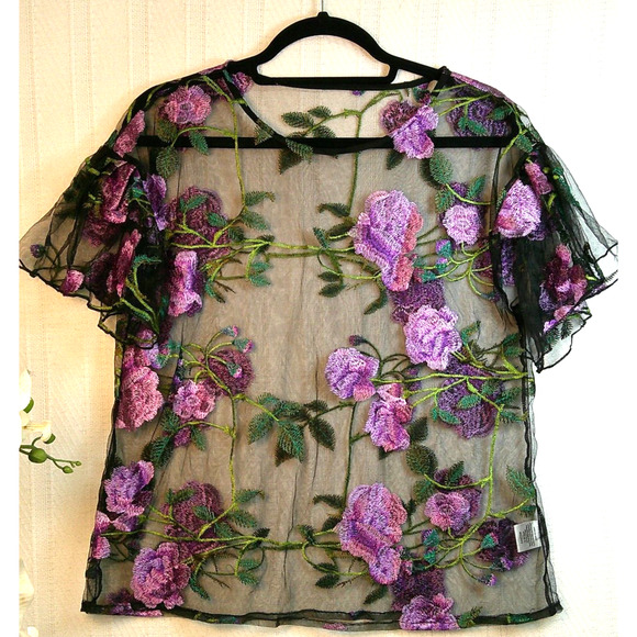 Black Sheer Mesh Purple Floral Embroidered Blouse -Whimsigoth Fairy-Medium - Picture 1 of 5